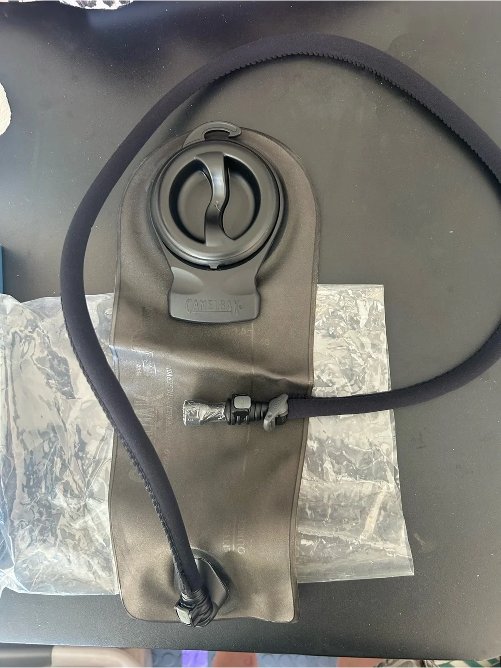 CamelBak Hydration Pack Gray with Blue Tube & Extra Omega Reserve bag.
